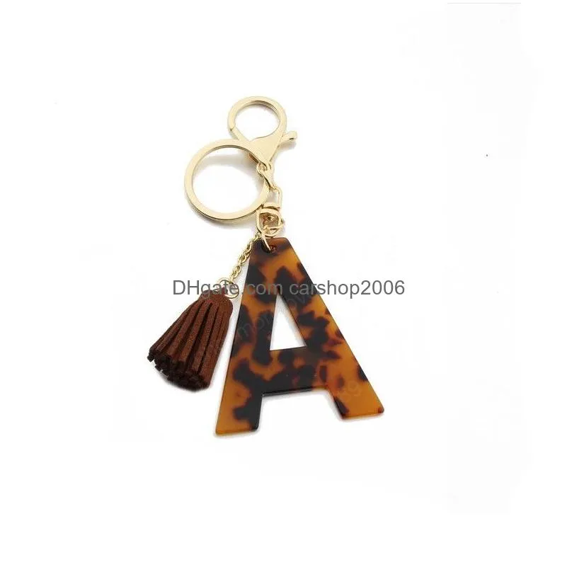 acrylic acetate keychain resin leopard english letter keychains handbag car pendants name key ring charms fashion jewelry