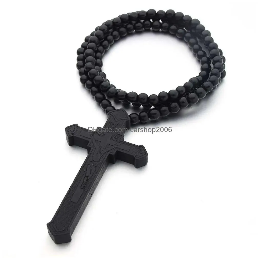 classic wood beads wooden cross pendant necklace 4 colors long chain rosary christian religious faith men women jewelry