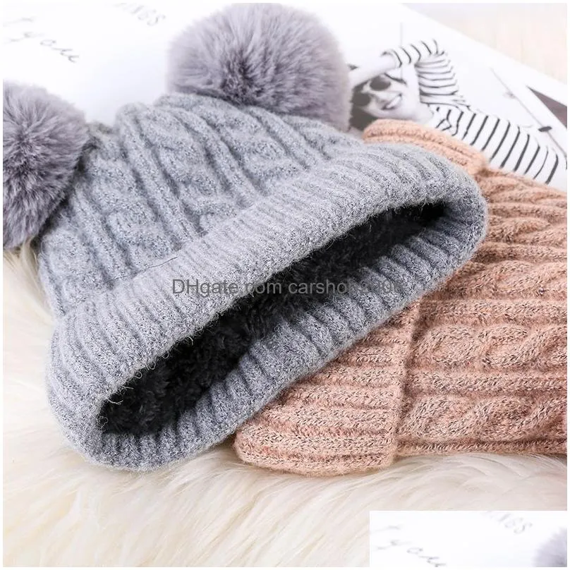 fashion women two faux rabbit fur pompom winter hat cap thickened warm plus velvet double pom pom cable knitted skullies beanie