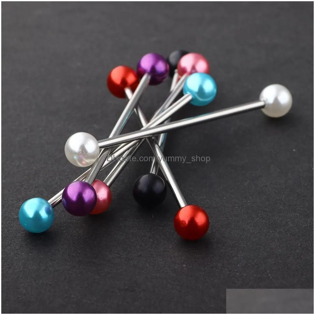 pearl acrylic ball stainless steel industrial bar long straight barbell ear stud body jewelry piercing 100pcs 14g