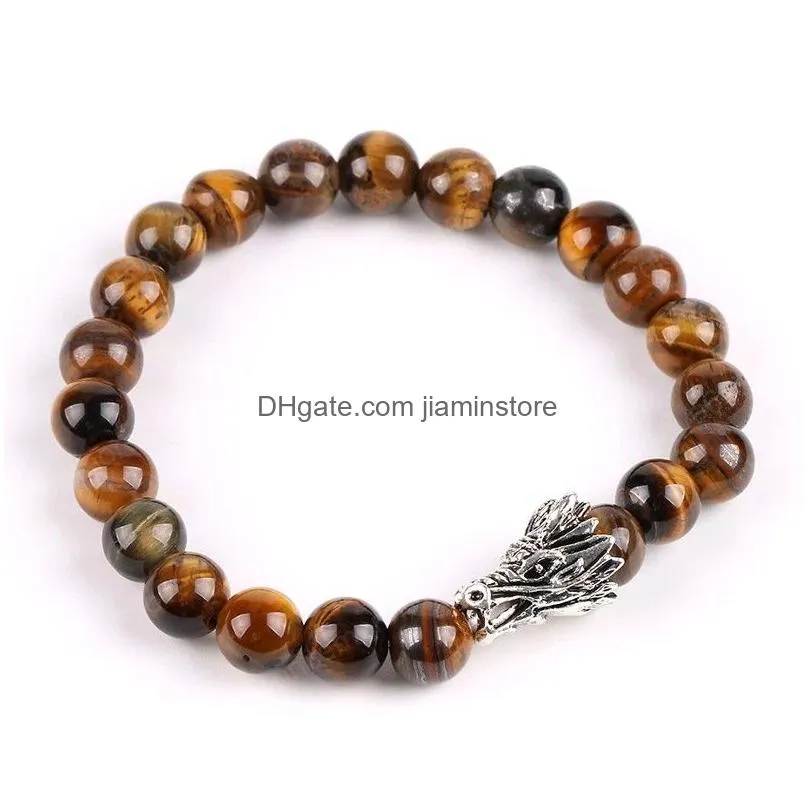 strand bracelet natural stone tiger eye 8mm gem bead retro dragon head men bracelets healing jewelry for women pulsera