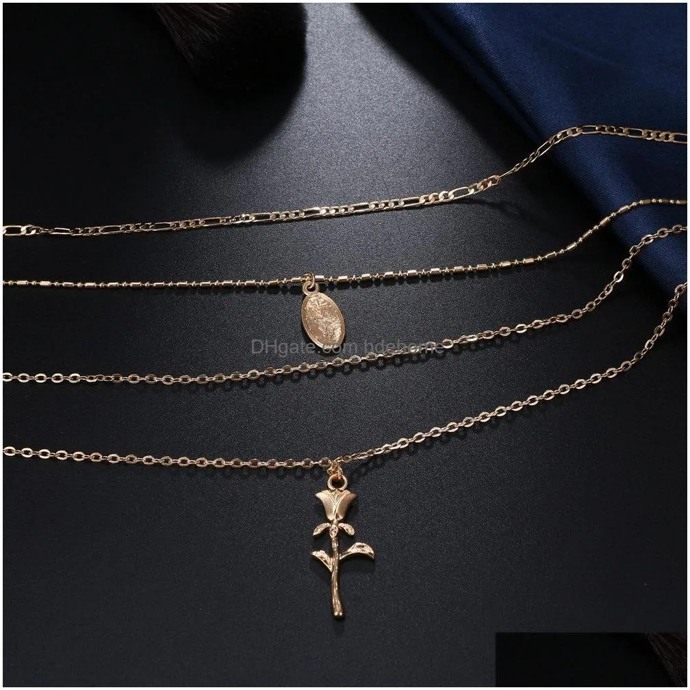 bohemia gold color rose flower layered necklace for women jesus virgin mary pendant necklace fashion charm statement jewelry