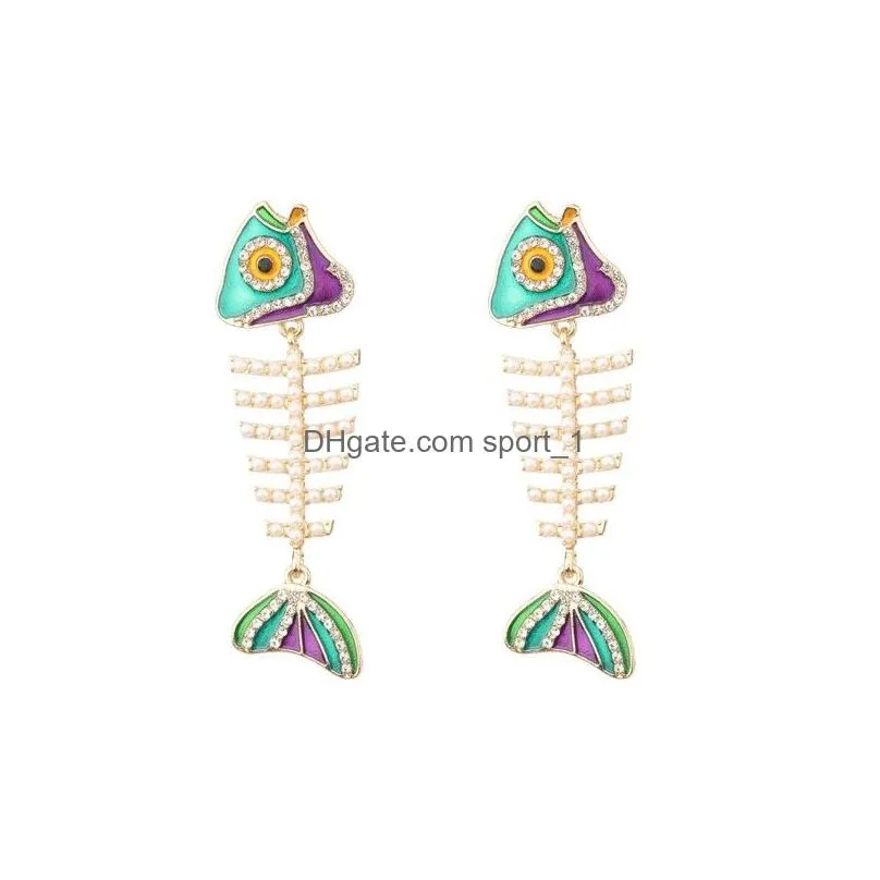 fashion trendy crystal animal colorful pendant dangle earrings fish earring for women vintage rhinestone bridal wedding jewelry