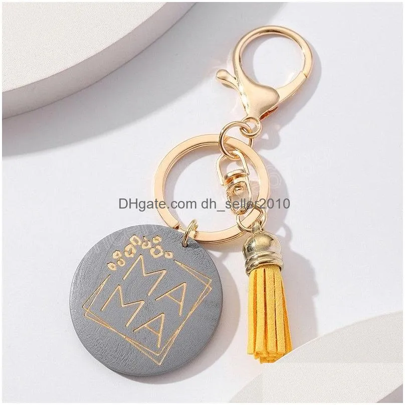 mothers day gift keychain wood round tag pendant mama letter tassel keyring for mom purses bag car charms key holder jewelry