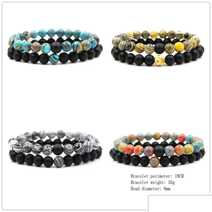 4 colors natural malachite stone bracelets 8mm black stone beads bracelet lover couple stone beads bracelet stretch jewelry