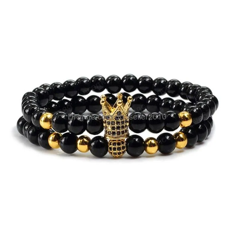 2pcs/set fashion rose gold cz crown ball couple bracelets strands bangles charm women men black natural stone bead bracelet yoga