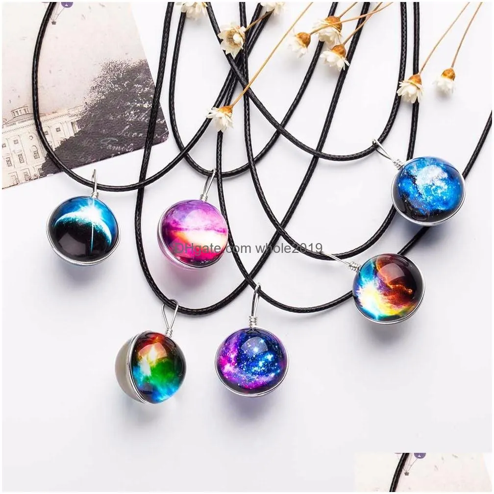 nebula space universe galaxy necklace stars glass ball pendant crystal collares planet pattern leather pendant necklace for uni