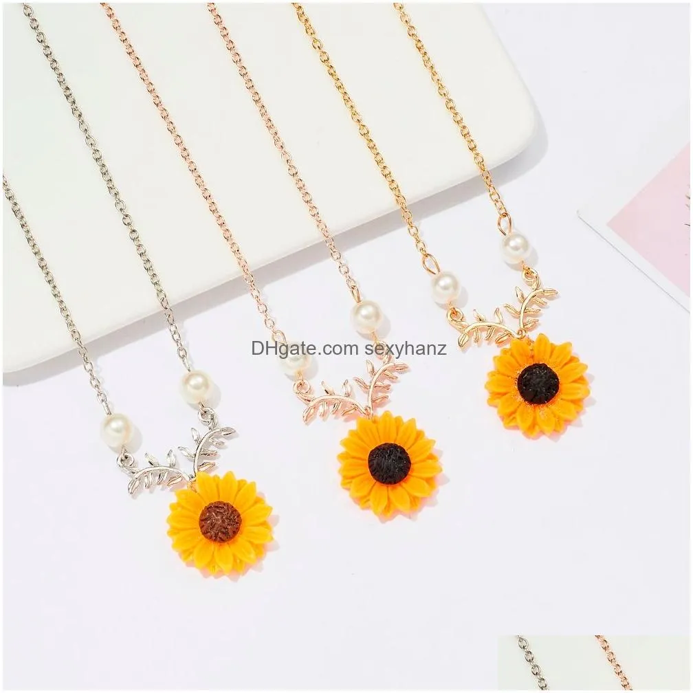 delicate sunflower pendant gold color necklace vintage imitation pearls necklace women temperament wedding jewelry drop 