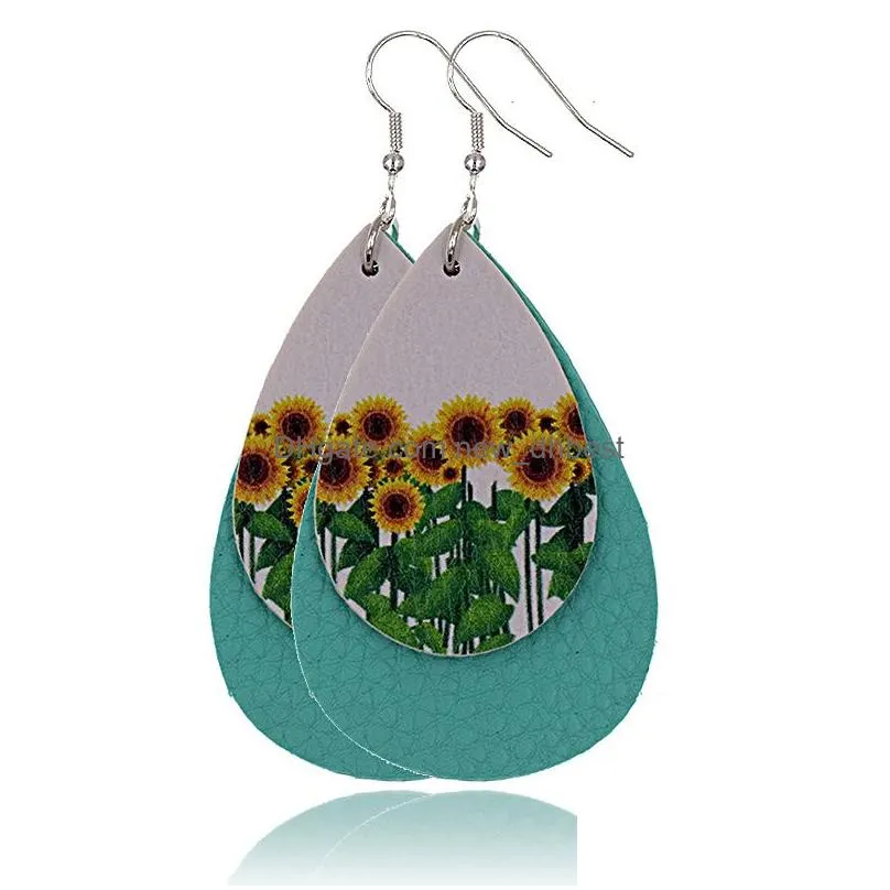 colorful sunflower print leather teardrop earring for women fashion spring floral leather earrings jewelry 19 styles dangle earrings
