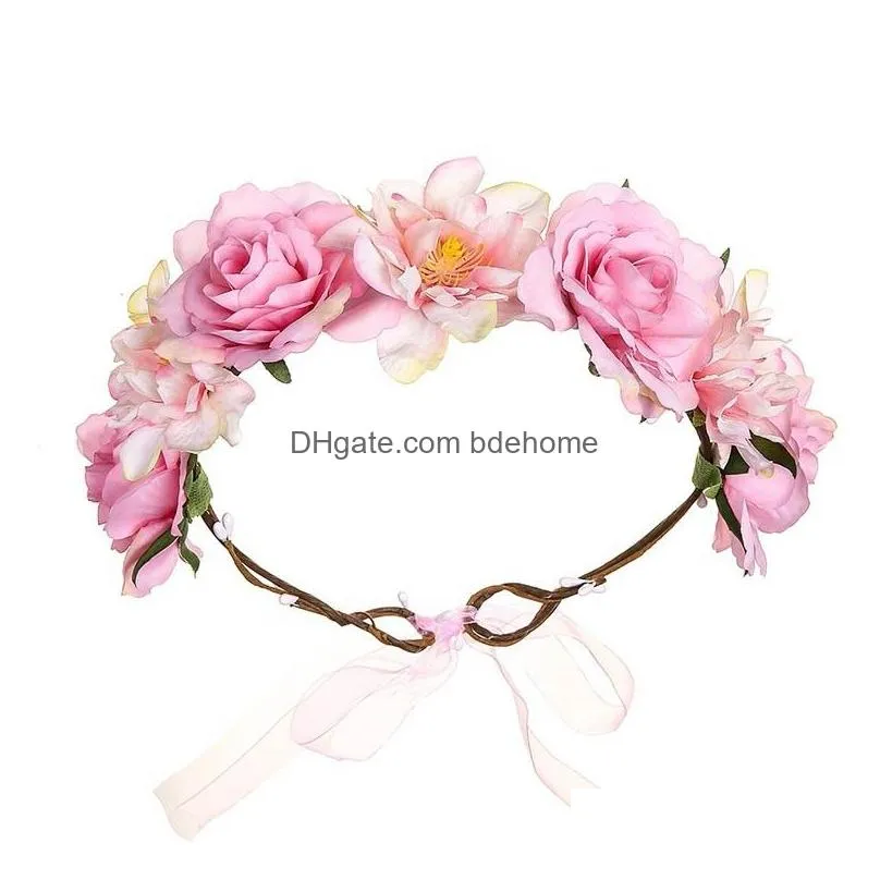 flower headband rose handmade flowers floral garland hair band adjustable women girls headdress for wedding