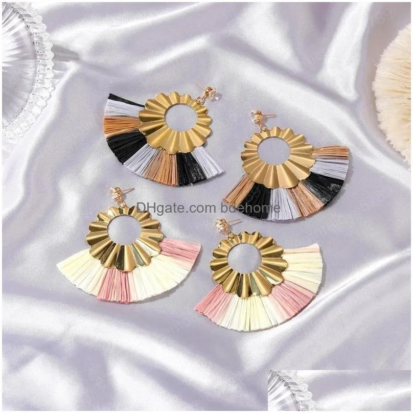 european and american retro exaggerated hit color origami earrings bohemian fanshaped tassel earrings female autumn and winter