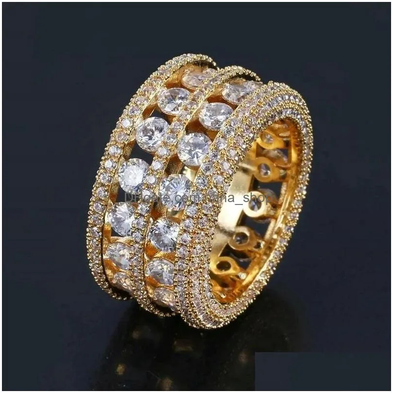 hip hop full diamonds rings with side stones for men luxury crystal ring western 18k gold plated copper zircon jewelry