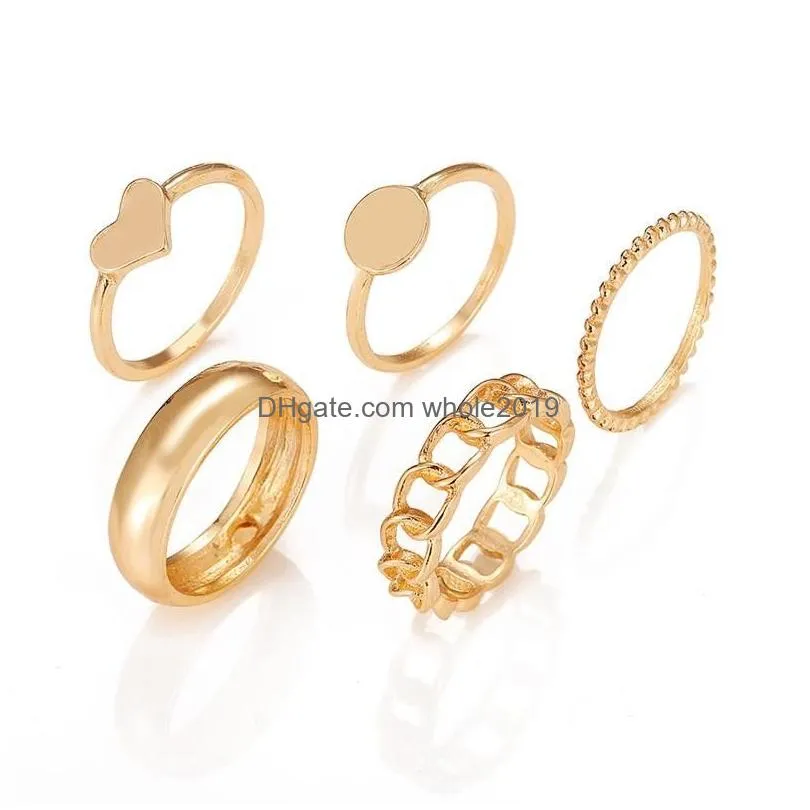 vintage gold alloy ring sets for women 5pcs/set punk wide link chain fashion irregular geometric heart finger rings