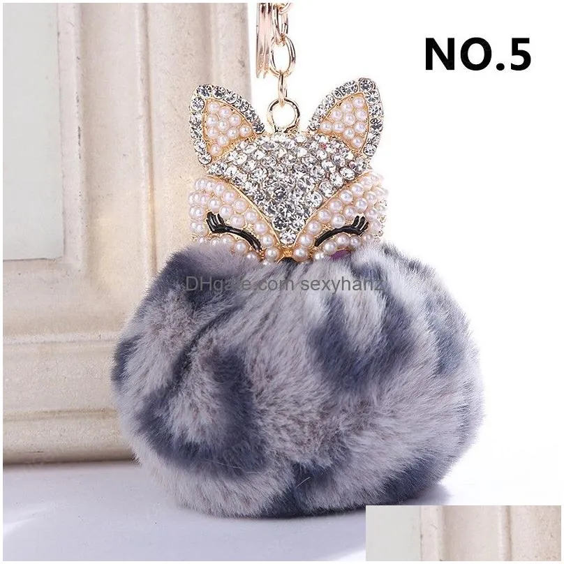 mini fox fur ball keychain handmade fluffy fur cute pompom ball key rings inlaid rhinestone lady bag accessories car pendant xmas