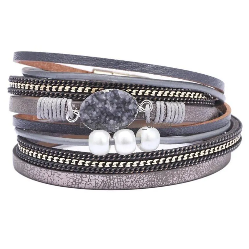 wholesale silver plated multi layer leather with oval many colors crystal dyed link chain bracelet ethnic jewelry
