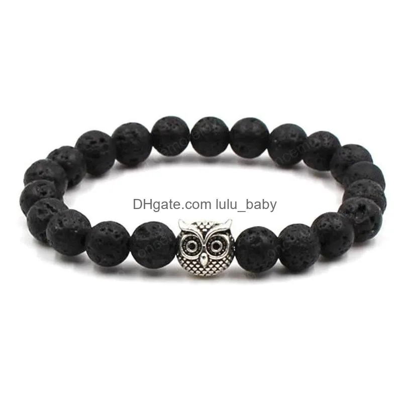 fashion silver owl bracelet for men women 8mm yoga beads handmade beaded bracelets natural stone bangle jewelry
