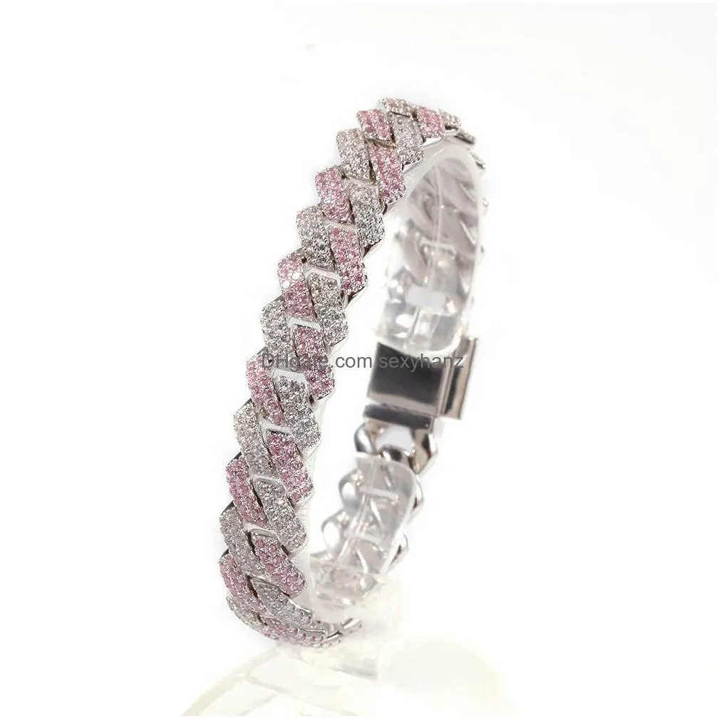 white pink cubic zirconia ice out two tone link chain bracelets can open lock women men bling cz rapper jewelry