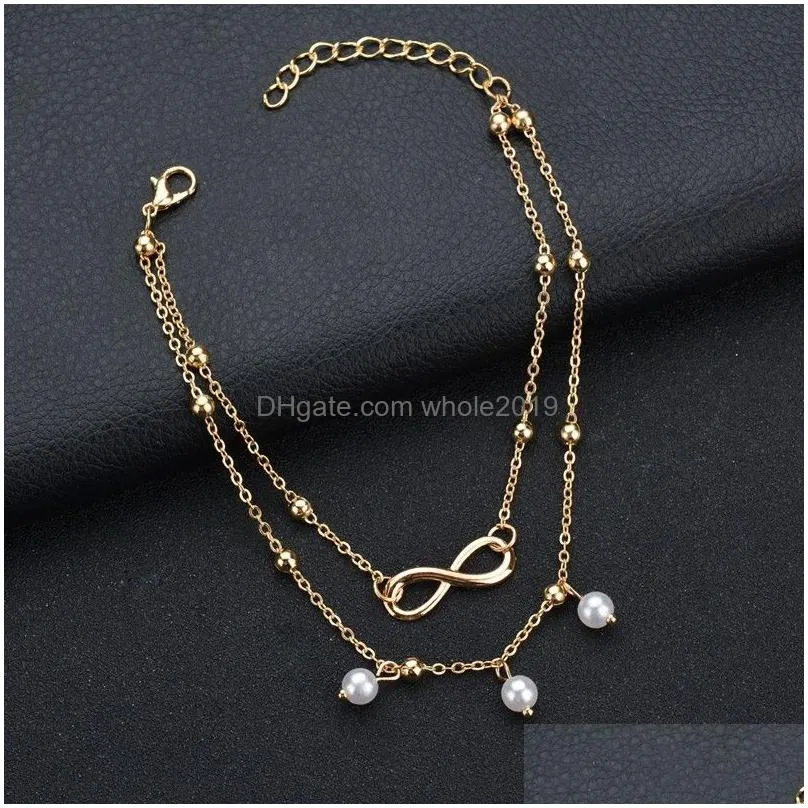 gold color infinity anklet bracelet imitation pearl multi layer chain ankle bracelet for women summer beach jewelry