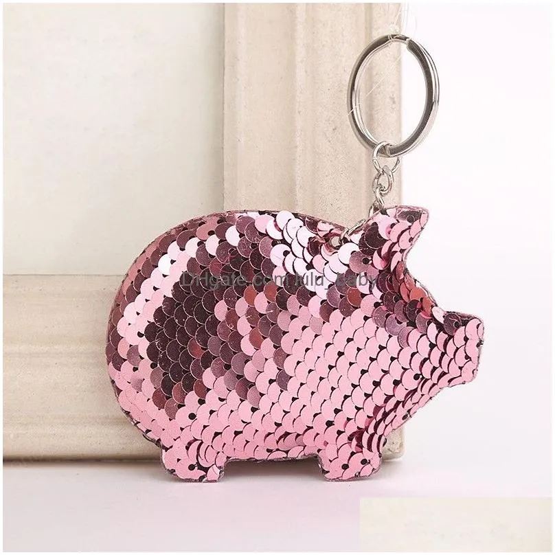 glitter pig shape keychain cute sequins key chain gifts for women girls keychains car bag accessories key ring 4 colors