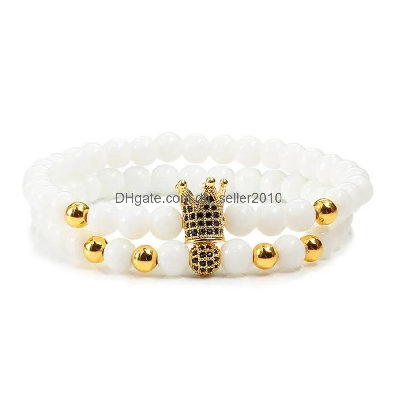 2pcs/set fashion rose gold cz crown ball couple bracelets strands bangles charm women men black natural stone bead bracelet yoga