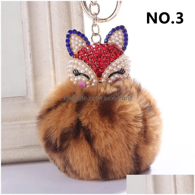 mini fox fur ball keychain handmade fluffy fur cute pompom ball key rings inlaid rhinestone lady bag accessories car pendant xmas