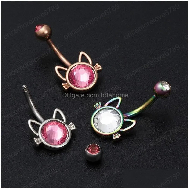 cat belly button rings for woman navel piercing surgical steel bar barbell zircon dangling ombligo y body belly jewelry