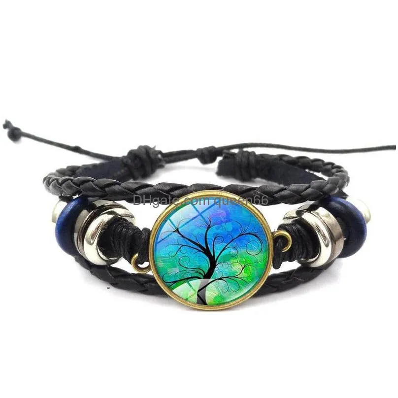 life of tree howling handmade glass cabochon woven leather bangles mens black cool punk animal bracelet diy jewelry for women