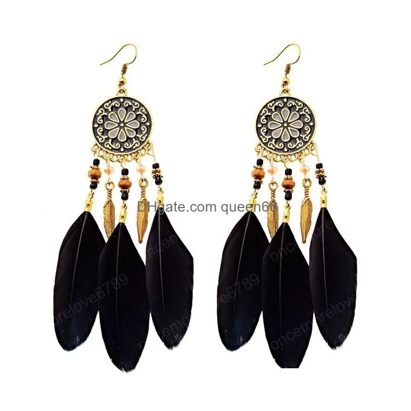 bijoux boho ethnic long feather tassel earrings for women round metal flower carved  oil diffuser ear jewelry