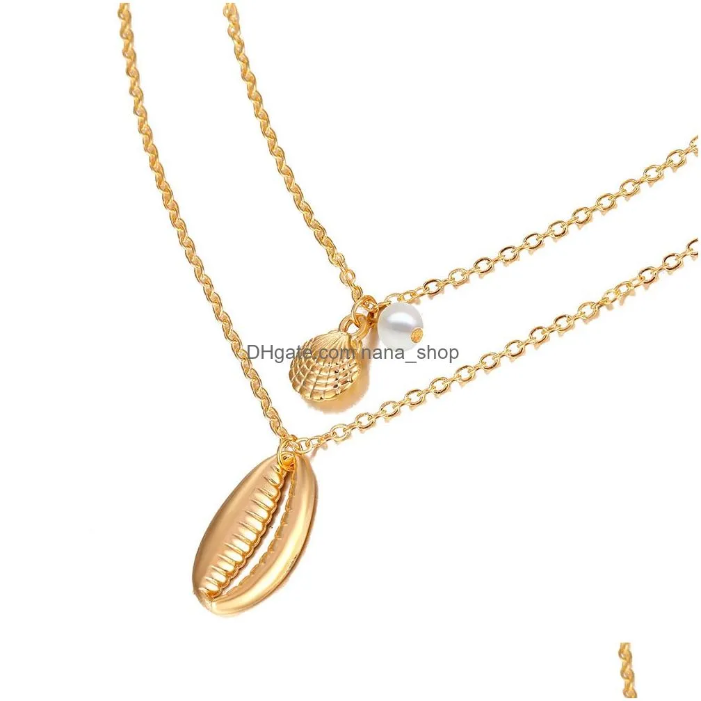 fashion bohemian style layered necklace gold color trendy pearl shell pendant necklace for women long necklace 2 pcs/set