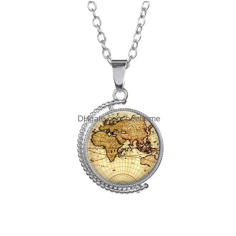 earth world map time gem pendant necklace double sided glass cabochon rotating sweater chain fashion jewelry for men women kid gift