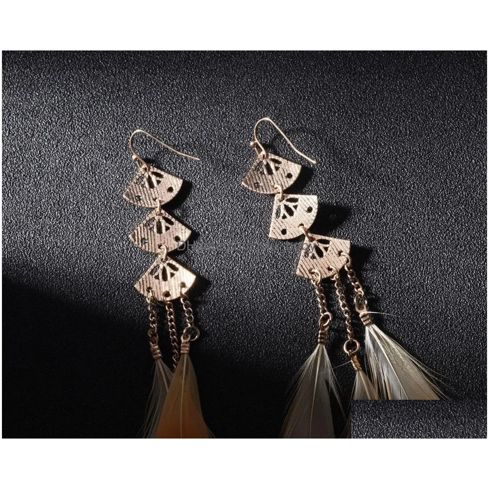 bohemian vintage bronze carved drop earring feather tassel yellow feather party earrings for women fashion jewelry