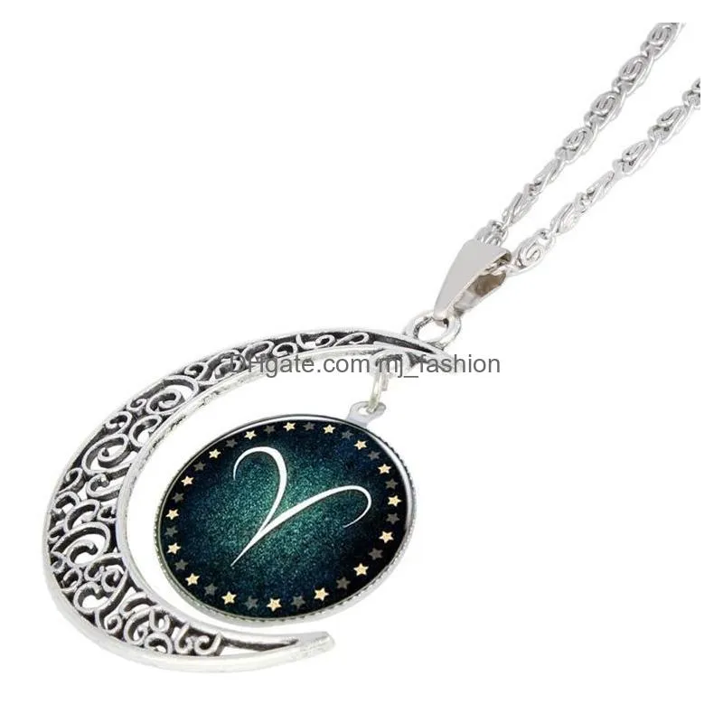 new 12 zodiacs pendant time gem cabochon necklace twelve constellations glass pendant nice jewelry accessary gift for women girl