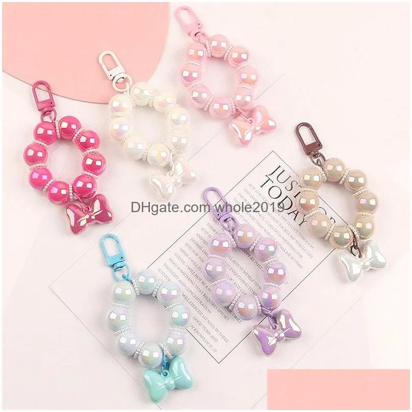 beautiful bow beaded car key chain creative candy color acrylic beads bag accessories charm mobile phone pendant key ring