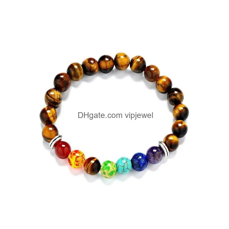 8mm natural rainbow 7 chakra beads bracelet lava purple green strand stretch yoga jewelry tiger eye stone bracelets