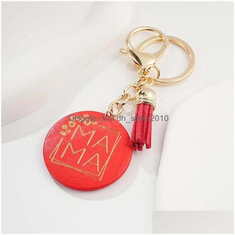 mothers day gift keychain wood round tag pendant mama letter tassel keyring for mom purses bag car charms key holder jewelry