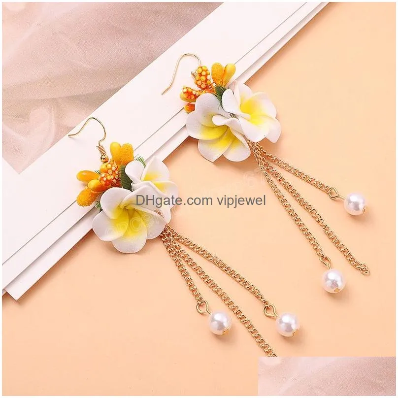 statement korean sweet fabric flowers long dangle earrings for women vintage large gold metal chain earrings jewelry