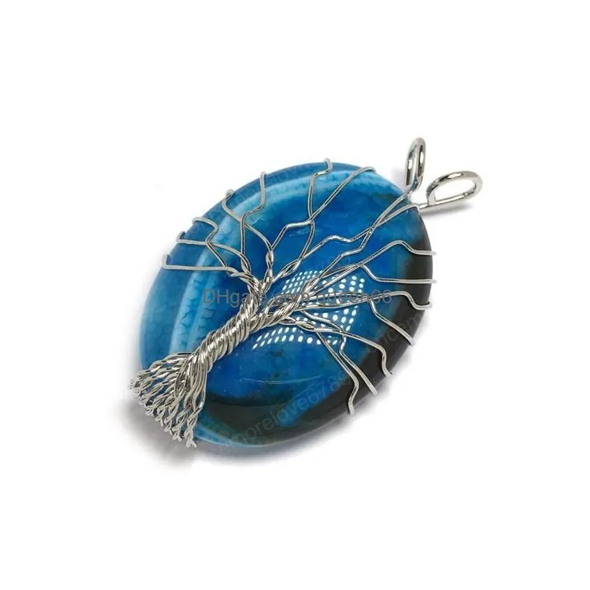wholesale silver plated wire wrap tree of life oval shape many colors agate pendant ethnic style jewelry