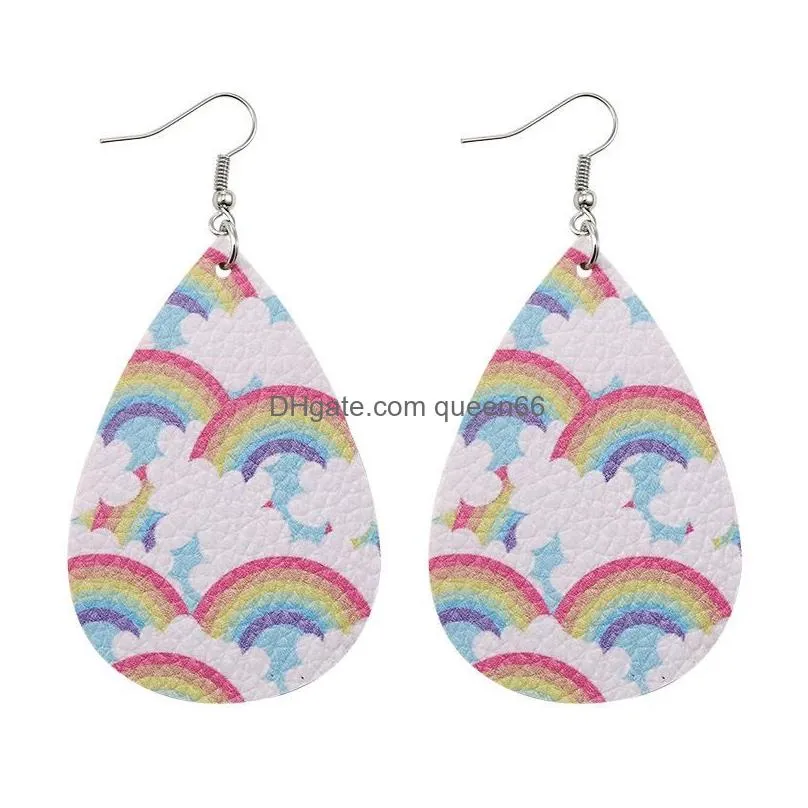 2020 spring leather earrings fashion rainbow star colorful print teardrop earrings for women beach fashion jewelry gift 10 styles