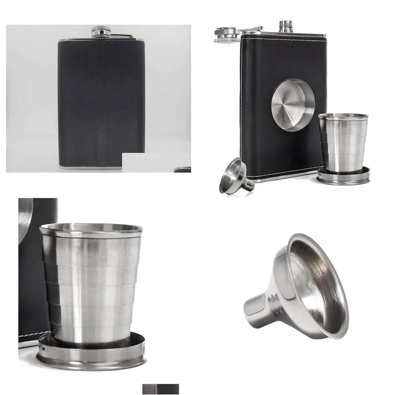 8oz flask with a builtin collapsible shot glass flask funnel stainless steel premium leather wrapping black leather