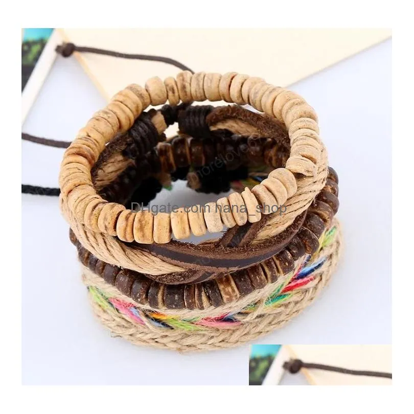  mens genuine leather bracelet diy pu coconut shell beads hemp rope bracelet combination suit bracelet 4styles/1set