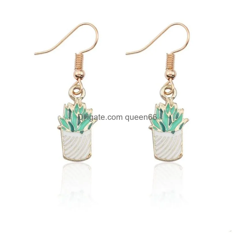 lovely potted plants succulent plant cactus earrings for women cartoon tiny gold enamel plant drop earrings jewelry wholesale