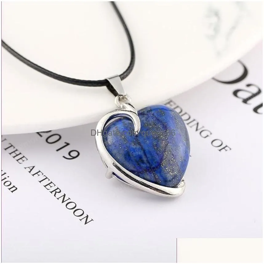 wholesale 10 pcs silver plated love heart tiger eye stone pendant link chain necklace lapis lazuli romantic style jewelry