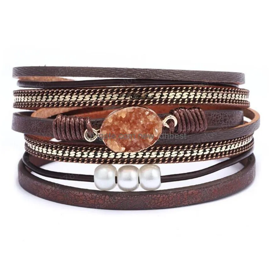 wholesale silver plated multi layer leather with oval many colors crystal dyed link chain bracelet ethnic jewelry
