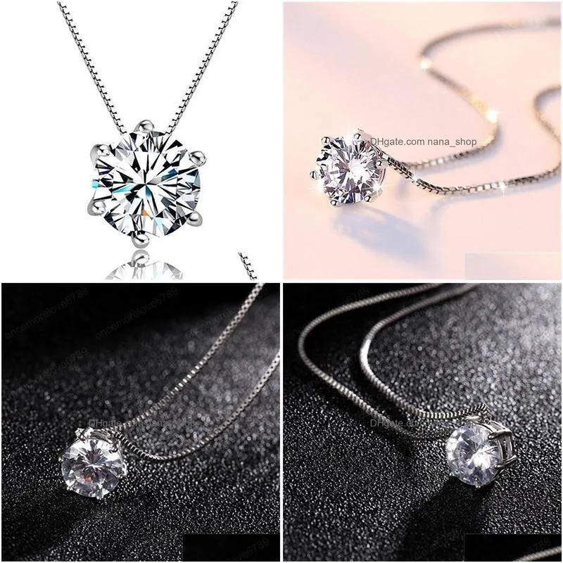 925 sterling silver womens fashion jewelry high quality simple crystal zircon six prong pendant necklace length 45cm