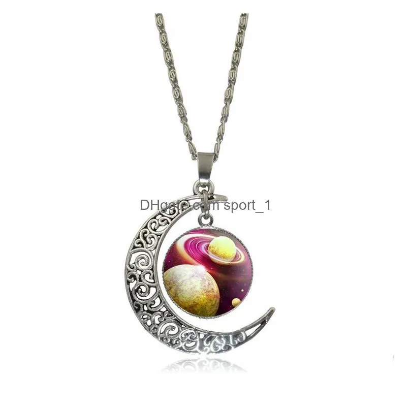 silver starry sky time gem cabochon necklace moon sun universe glass pendant nice jewelry accessary gift girl