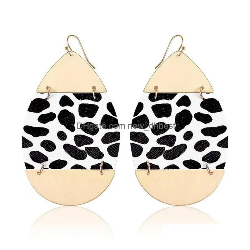 woman new leopard dangle earrings pu leather earring water droplets exaggerated alloy earrings 3 colors for choose