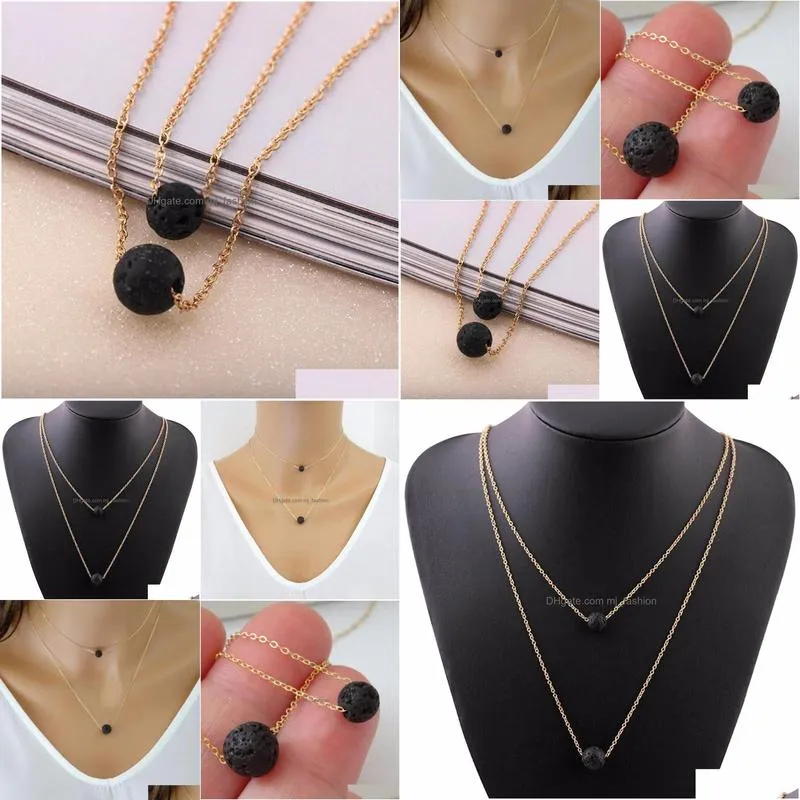 925 silver gold plated aromatherapy essential oil diffuser black lava stone vintage vintage multilayer chain rock beads necklace