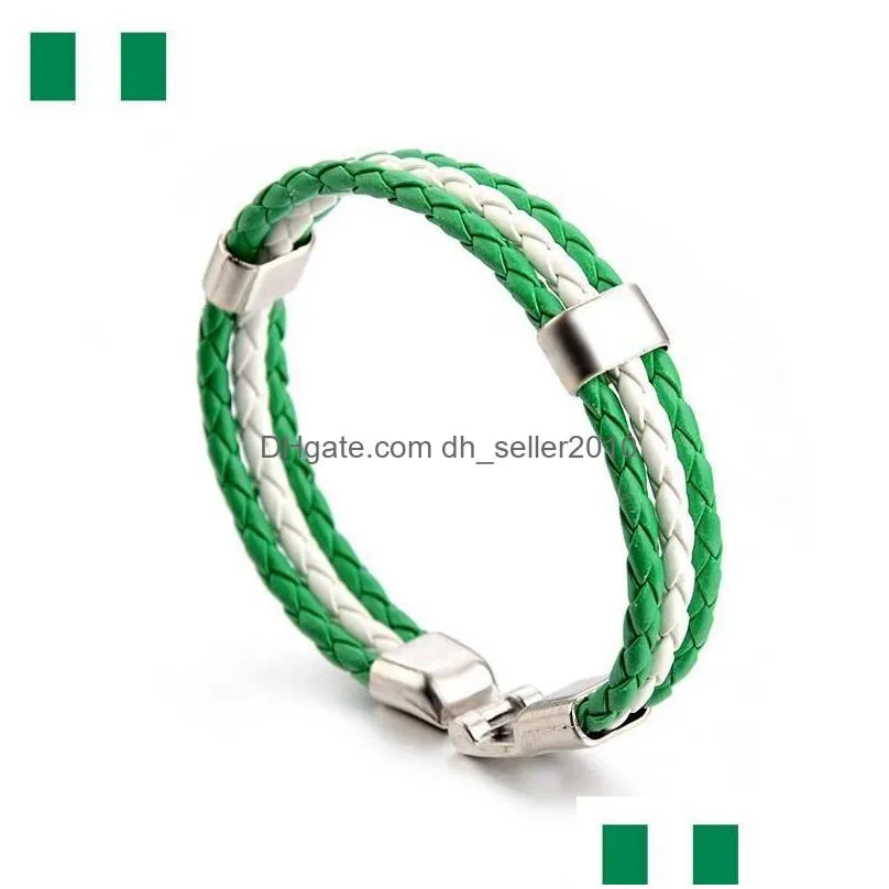 football soccer team leather bracelet with national flag stripe charms handmade braided wristband fans gift