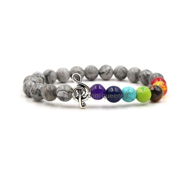 8 colors 8mm colourful chakras natural stone beads bracelets musical note charms bracelet lover strench yoga jewelry