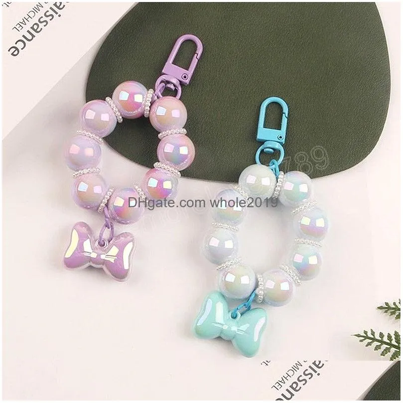 beautiful bow beaded car key chain creative candy color acrylic beads bag accessories charm mobile phone pendant key ring